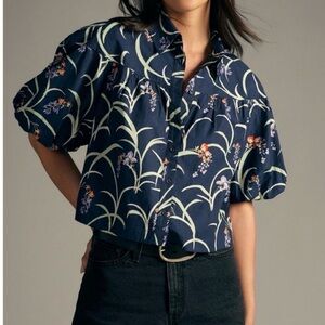 Anthropologie Navy Floral Blouse Zooey Bubble Sleeve Blouse Mauve MP